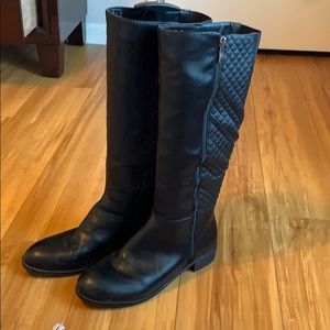 Trendy black faux leather knee high boots